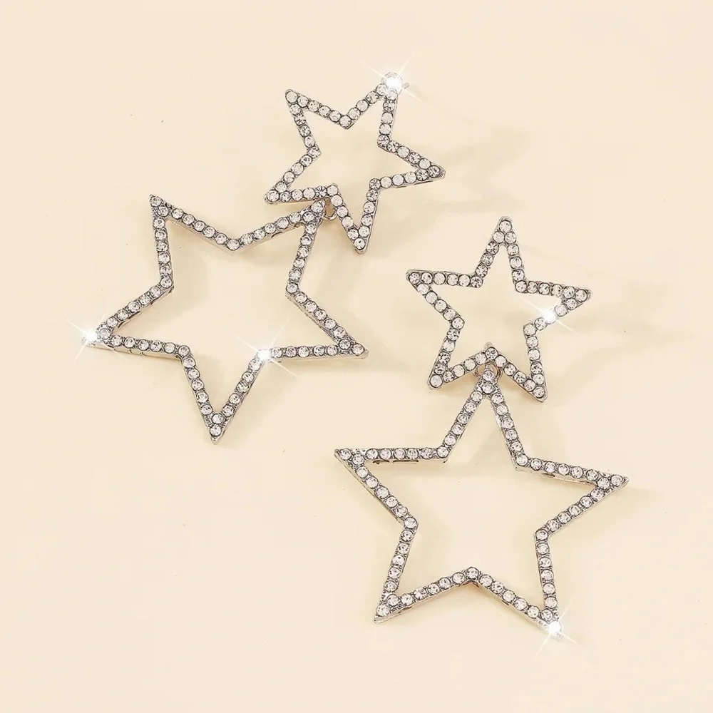 NWT Silver Rhinestone Double Star Statement Drop Earrings